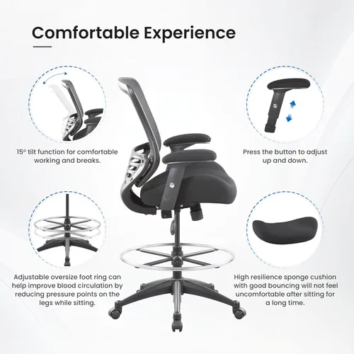 Miniatura 4 de BOLISS Silla de dibujo ergonómica de malla de respaldo medio de 400 libras para escritorio de pie, oficina, silla ancha con soporte lumbar Negro