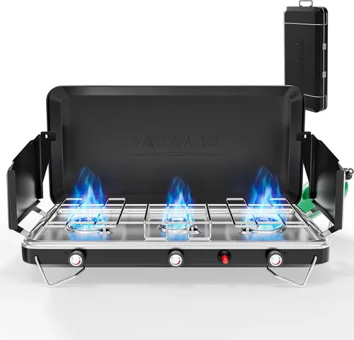 Miniatura 9 de ROVSUN 20000 BTU Propane Camping Stove with Adapter, 2 Burner Tabletop Portable Propane Camp Stove with Built-in Handle & Foldable Wind Panel for