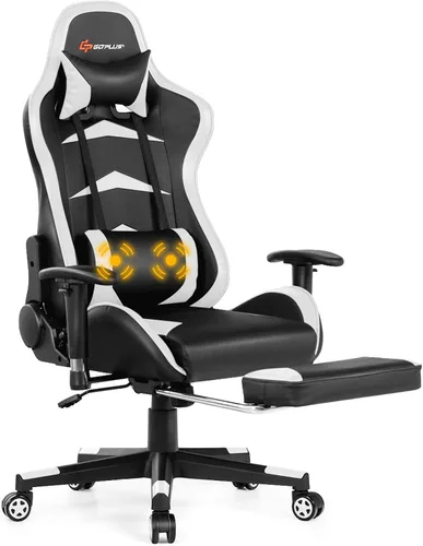 Miniatura 10 de Goplus Silla de juegos de masaje, respaldo reclinable, barandillas y ajuste de altura del asiento, silla de oficina para computadora de carreras