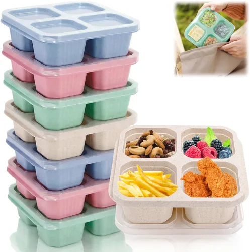 Cididu Paquete de 8 loncheras Bento de 4 compartimentos, contenedor de preparación de comidas, caja de aperitivos dividida reutilizable con tapa