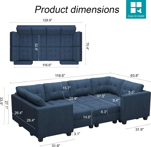 Miniatura 2 de Belffin - Sofá seccional modular con cama y asiento de almacenamiento, reversible, sofá cama modular para sala de estar, color azul
