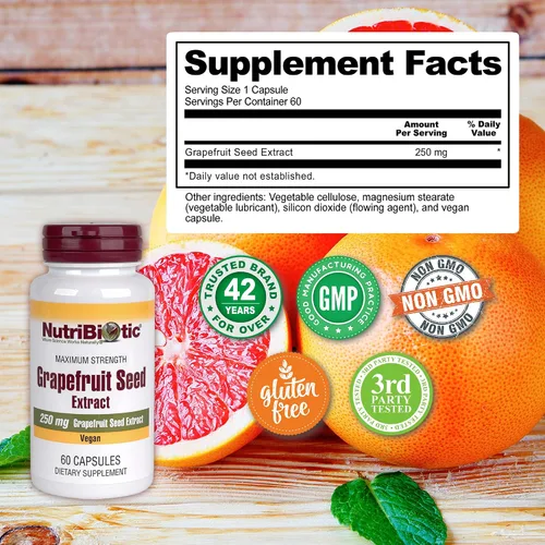 Miniatura 4 de NutriBiotic Cápsulas de extracto de semilla de pomelo 250 mg, 60 unidades - Máxima fuerza con bioflavonoides