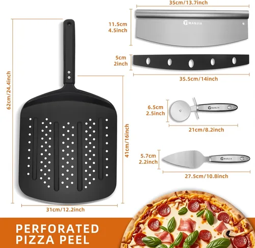 Miniatura 3 de Pala perforada de aluminio para pizza de 12 pulgadas, antiadherente, de metal, con cortador basculante, 12 x 14 pulgadas, espátula grande de acero