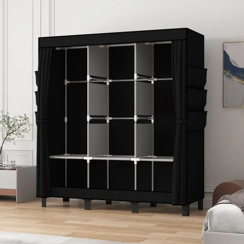 Miniatura 4 de Armario portátil, caja de almacenamiento de ropa, armario simple para colgar ropa, múltiples estantes y 3 barras, 6 bolsillos laterales (negro)