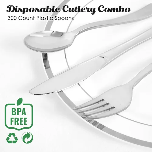 Miniatura 5 de FOCUSLINE Paquete de 300 cucharas desechables de plástico plateado de 6.8 pulgadas, cucharas de plástico sólido y duradero, cubiertos desechables