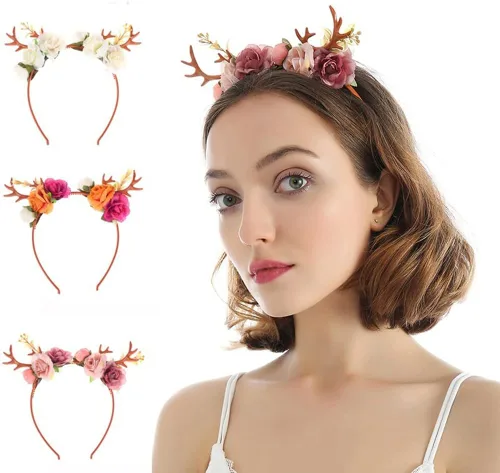 Wiwpar Antlers - Diadema de ciervo, corona de pelo floral, festival y Navidad, bonito accesorio para mujeres y niñas (naranja)