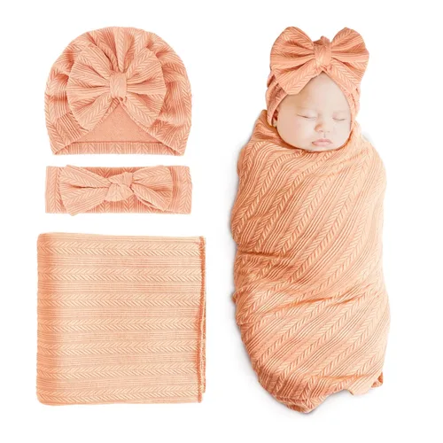 Miniatura 11 de DRESHOW BQUBO Manta de recepción para recién nacido, cálida para niñas con sombrero de lazo y diadema de lazo, regalo para baby shower 1 juego