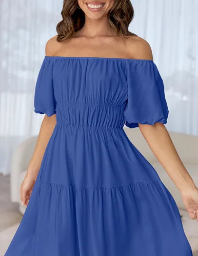 Miniatura 7 de ZESICA Women's 2024 Sexy Boho Off Shoulder Puff Short Sleeve High Waist Ruffled Flowy A Line Beach Party Midi Dress