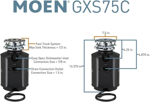 Miniatura 6 de Moen Host Series 3/4 HP - Triturador de basura de alimentación continua con reducción de ruido para fregadero de cocina, incluye cable