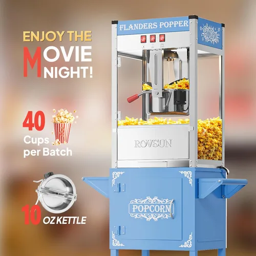 Miniatura 3 de ROVSUN Máquina de palomitas de maíz con carrito, ruedas y hervidor de 10 onzas que hace hasta 4 galones certificado ETL, máquina de palomitas de Azul