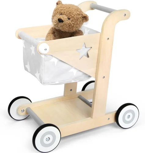 Asweets Andador de Bebé de Madera 2 en 1 para Empujar y Jalar Cochecito de Muñecas, Carrito de Compras Andador de Aprendizaje para Niños y Niñas,
