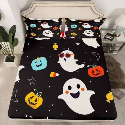 Miniatura 15 de Juego de ropa de cama de Halloween con patrón de sombras kawaii, sábana bajera tamaño queen, decoraciones de calabaza, luces de calabaza góticas
