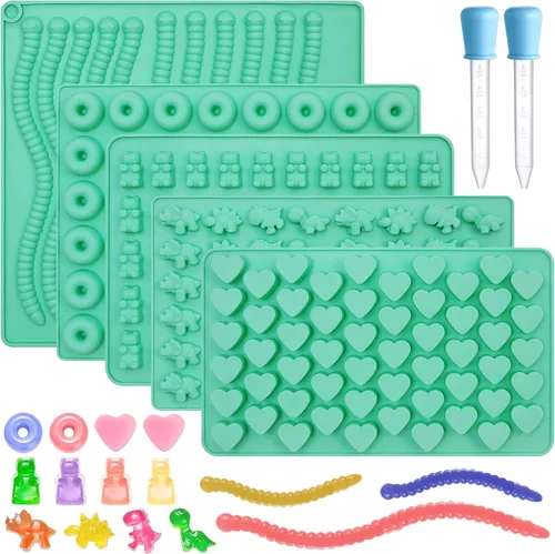 Miniatura 9 de Juego de 5 moldes de goma de silicona, moldes de silicona para dulces con 2 cuentagotas para un relleno cómodo, juego de moldes de gomita incluye