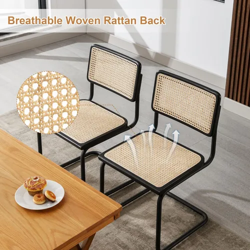 Miniatura 6 de Flouki Juego de 4 sillas de comedor de ratán, sillas decorativas bohemias para cocina con malla de caña natural, diseño voladizo de mediados