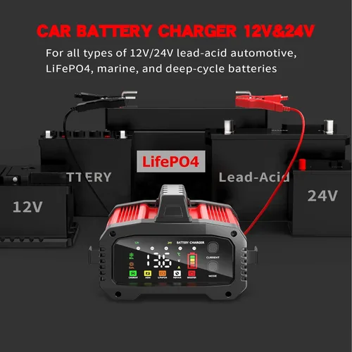 Miniatura 4 de Cargador de batería de coche 25A, 12V/24V LiFePO4 cargador de batería automotriz, cargador de goteo de amplificador ajustable con detección