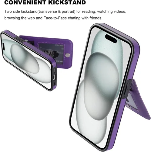 Miniatura 5 de KIHUWEY Funda compatible con iPhone 15 con soporte para tarjeta de crédito, cierre magnético de cuero de alta calidad, función atril, funda Violeta