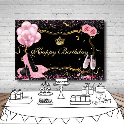 Miniatura 5 de MEHOFOND Fondo de fotos rosa y dorado negro, accesorios de fondo de fotos con purpurina de tacón alto, globos de champán, flores de rosa, corona