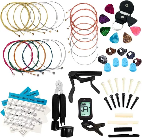 LOMEVE El kit de accesorios para guitarra incluye cuerdas acústicas, afinador, cejilla, herramienta de encordado 3 en 1, púas, soporte para púas,