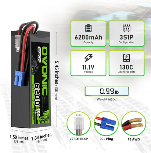 Miniatura 2 de OVONIC 3S LiPo Batería 6200mAh 11.1V 130C RC Batería con EC5 Conector