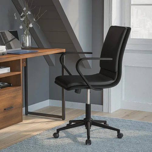 Miniatura 2 de Flash Furniture James Silla de oficina ejecutiva de diseño con respaldo medio, tapicería LeatherSoft negra, base y brazos negros, asiento giratorio