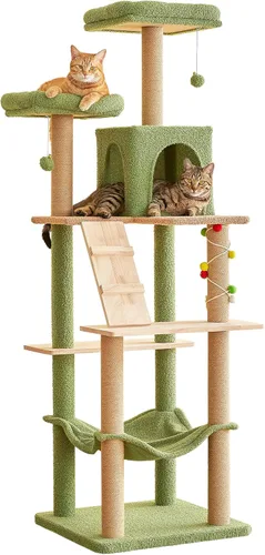 Miniatura 12 de MWPO Árbol grande y moderno para gatos, torre de madera de 70.1 pulgadas para gatos de interior, condominio alto para gatos de varios niveles con 2