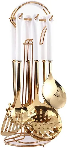 AQUAX Juego de utensilios de cocina de acero inoxidable de siete piezas (oro blanco). Juego de 7 utensilios de cocina con estante para colgar.