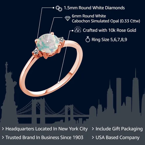 Miniatura 2 de Gem Stone King Juego de anillos solitarios de compromiso de oro rosa de 10 quilates con cabujón redondo de 0.33 quilates, ópalo blanco simulado