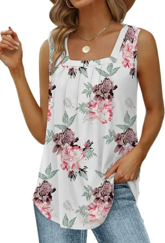 Miniatura 86 de Saloogoe - Camisetas sin mangas veraniegas para mujeres, plisadas con cuello cuadrado y dobladillo curvado, blusas de ajuste holgado con movimiento