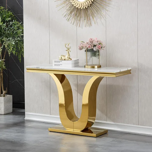 Miniatura 31 de SSLine Mesa de Centro Rectangular de Mármol Sintético para Sala de Estar, Mesa Central Moderna de Mármol Blanco de Lujo con Base Doble en Forma de U