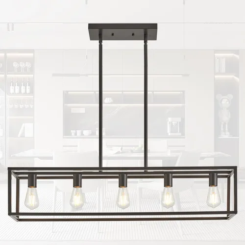 Miniatura 28 de Lámparas de Cocina para Comedor, Candelabros Rectangulares de Estilo Granja para Comedores, Lámpara Colgante Industrial de 5 Luces en Negro Mate