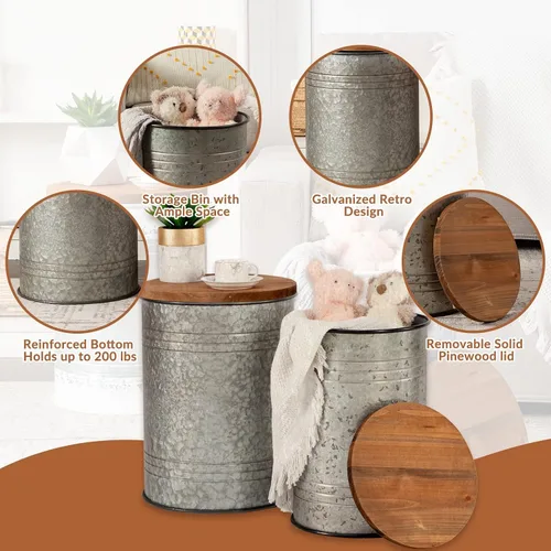 Miniatura 4 de Poofzy Juego de 2 mesas auxiliares de granja, mesa auxiliar de metal galvanizado con tapa de madera, mesa auxiliar de almacenamiento para sala