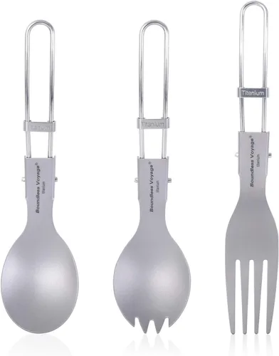 Miniatura 10 de iBasingo Cuchillo de tenedor de titanio con mango plegable, utensilios de vajilla ultraligeros para camping, picnic al aire libre, senderismo