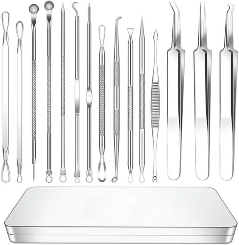 Kit de herramientas para eliminar puntos negros, kit de 15 piezas, kit profesional de eliminación de acné de acero inoxidable para nariz y cara,