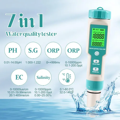Miniatura 2 de Medidor de pH para agua 7 en 1 pH/TDS/EC/Sal/P.G/ORP/Temperatura, probador de pH digital retroiluminado impermeable LCD, medidor de TDS medidor EC