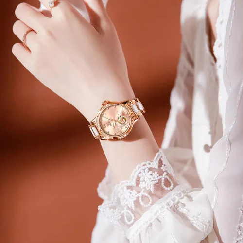 Miniatura 3 de OLEVS Relojes para mujer, de cuerda automática, oro rosa, diamante, reloj de pulsera mecánico automático, acero inoxidable, dos tonos, pulsera