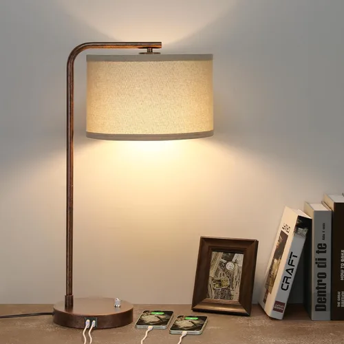 Miniatura 10 de Lámpara de mesita de noche Seaside village con puertos de carga USB C+A, lámpara de pie moderna de granja completamente regulable, lámpara de Roble