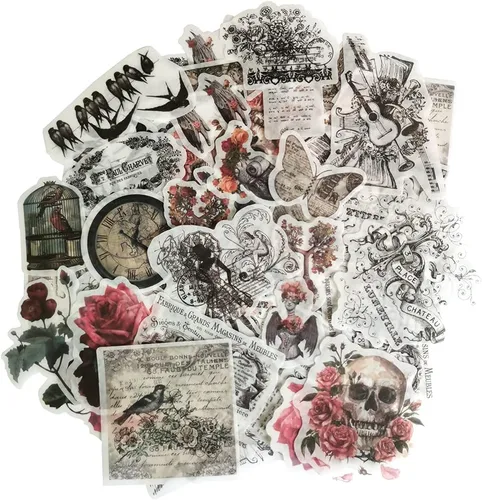 Juego de calcomanías Washi vintage, diseño retro, jaula de pájaro, mariposa, guitarra, reloj de bolsillo, calcomanías para álbumes de recortes,