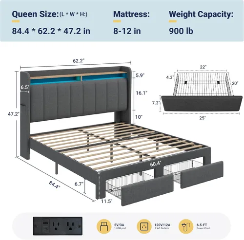 Miniatura 2 de Allewie - Base de cama con plataforma de tamaño Queen, tapizada, con cabecero acolchado con botones verticales, 2 niveles de almacenamiento con Gris