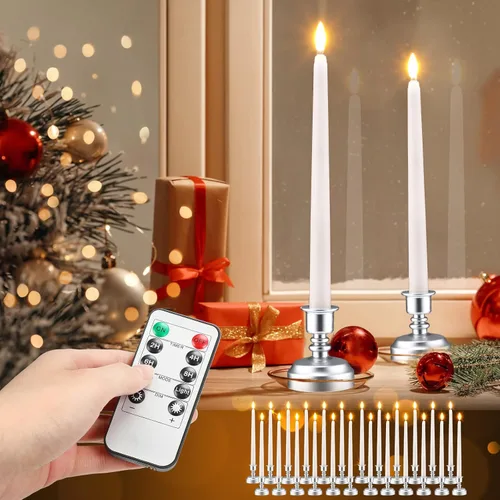 Miniatura 5 de Fumete Paquete de 24 velas cónicas sin llama con control remoto y temporizador, velas LED parpadeantes realistas con llama 3D, ventana LED con base