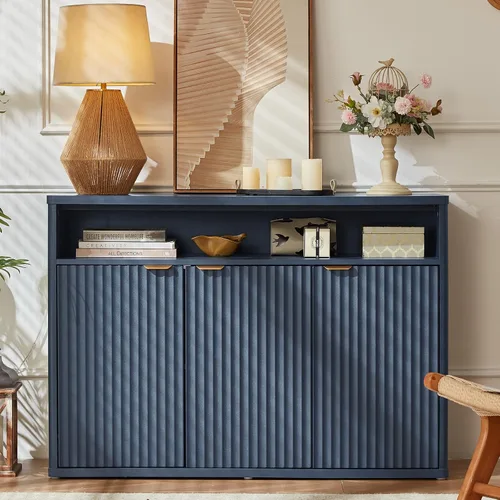 Miniatura 18 de LEYAOYAO Gabinete de buffet acanalado con almacenamiento, aparador de madera de 45 pulgadas de ancho con 3 puertas y estante de almacenamiento