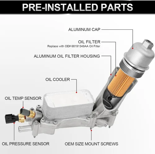 Miniatura 5 de 926-959 Kit de carcasa de filtro de aceite de motor de aluminio completo con enfriador de aceite con juntas y sensores Compatible con 2017-2018 Tapa