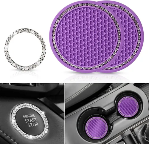 Miniatura 10 de OUZORP Paquete de 2 posavasos azules para automóvil con botón de arranque y anillo brillante, 1 paquete Posavasos antideslizantes para portavasos