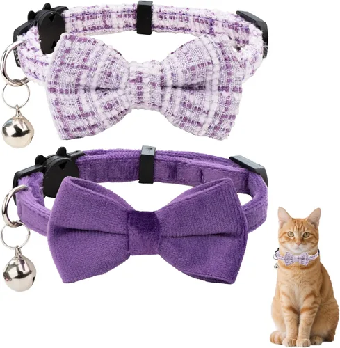 Miniatura 17 de Collar de gato con campana para niño y niña, pajarita de seguridad, a cuadros, color sólido, conjunto de regalo, lindo festivo, [2 piezas], verde