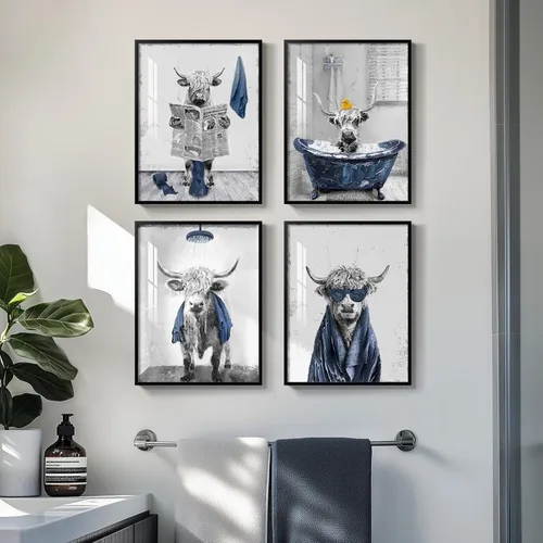 Miniatura 15 de Arte de pared divertido de vaca de las tierras altas enmarcado para baño, 4 piezas de divertidos animales, impresiones artísticas azul marino, linda
