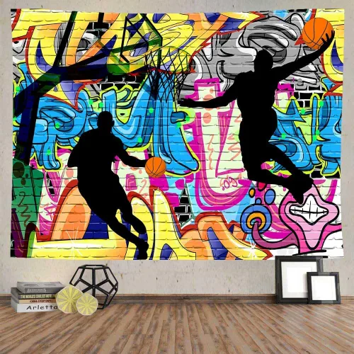 Miniatura 10 de Ine Ive Tapiz deportivo de baloncesto con graffiti nostálgico, póster de pared de arte callejero de 40 x 30 pulgadas para niños, silueta de tiro