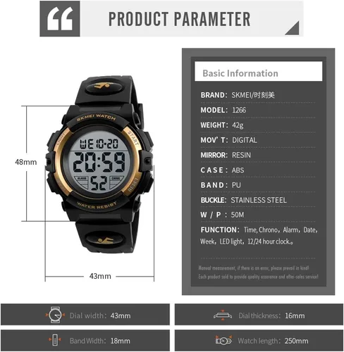 Miniatura 5 de Reloj digital deportivo impermeable para niños, reloj despertador de 1224 H, cronómetro, calendario de 3 a 15 años, reloj de pulsera para niños
