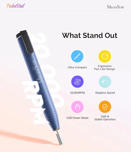 Miniatura 3 de MelodySusie PocketNail - Taladro de uñas USB delgado ergonómico en forma de bolígrafo, PC100G 20000 RPM, lima eléctrica portátil para todas