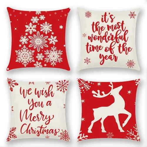 Fundas de almohada de copo de nieve de Navidad de 18 x 18 pulgadas, funda de almohada de Navidad roja y blanca para sofá de patio, renos, feliz