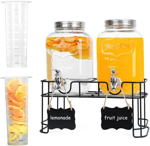 Paquete de 2 dispensadores de bebidas de vidrio de 1 galón para fiestas - Dispensador de bebidas a prueba de fugas con soporte, grifo, cilindro de