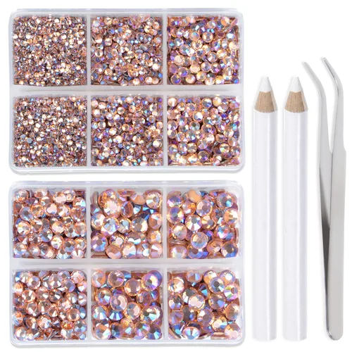 Miniatura 34 de LPBeads 6400 unidades de diamantes termoadhesivos de 12 colores con parte trasera plana, 5 tamaños mixtos, gemas de cristal redondas con pinzas